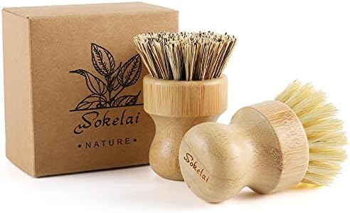 Bamboo Dish Scrub Brushes Set for Kitchen - Wooden Cleaning Scrubbers Brushes, Eco-Friendly Natural Dishes Washing Brush for Dishwashing Cast Iron Pots Pans Skillet Vegetables Sink, Set of 2 by wokelai