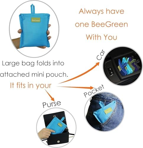 BeeGreen Light Blue Reusable Shopping Bags Wholesale Blue Reusable Grocery Bags Bulk Foldable-Machine Washable with Zipper Storage Pouch 20 Pieces - Image 4