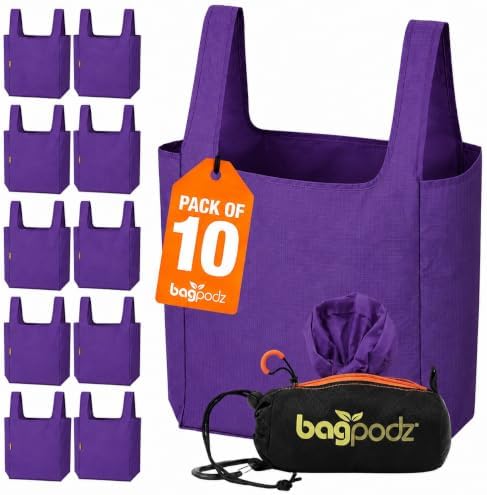 Reusable Grocery Bags, Foldable Shopping Bags in Pod, 10 Pack by bagpodz