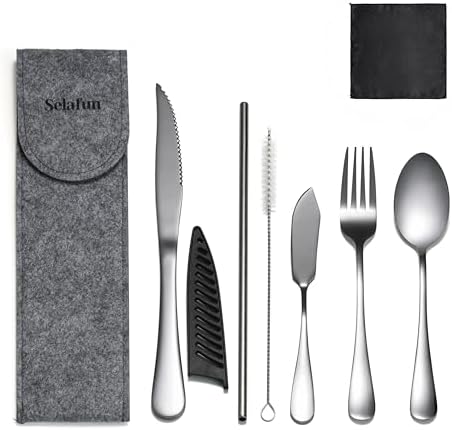 Travel Utensils with Case, Portable Travel Silverware Set Stainless Steel Lunch Box Cutlery Set for Work, Camping, Picnic, Hiking, Office (Silver) by Selafun