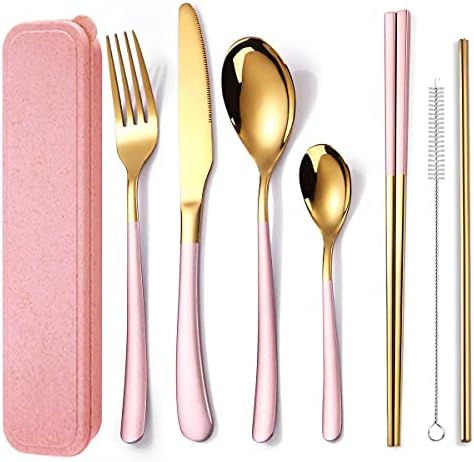 AARAINBOW 7 Pieces Stainless Steel Flatware Set Portable Reusable Cutlery Set Travel Utensils Set Including Chopsticks Knife Fork Spoon Straws Cleaning Brush Dishwasher Safe (7 Pink Golden) by AARAINBOW