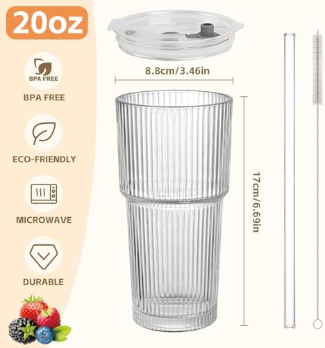 20oz Ribbed Glass Cups with Lids and Straws,4PCS Glass Tumbler with Straw and Lid, Iced Coffee Cups Drinking Glasses for Juice,Smoothies,Cocktail - Image 2