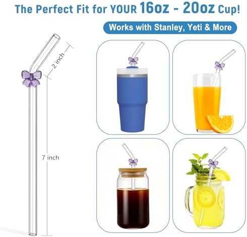 Cute Glass Straws with Purple Bow Charms, 8-Pack 9-Inch Bent for Tumblers - Image 5