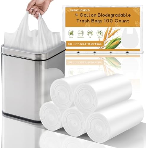 4 Gallon Biodegradable Trash Bags With-Handles - White 4 Gal Small Garbage Bags For Bathroom Can 100 Count 15 Liter Compostable Mini Waste Basket Liners Kitchen Office Car Strong Chenyucheng by Chenyuchengtrashbags