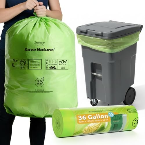 GreFusion Compostable 36 gallon Trash Bags, Extra Thick 1.28 Mills, Compost 36 Gal Trash Bags (Kitchen Tall Garbage Bags), Compostable Lawn & Leaf Yard Waste bags,ASTM D6400,Bpi Certified by GreFusion