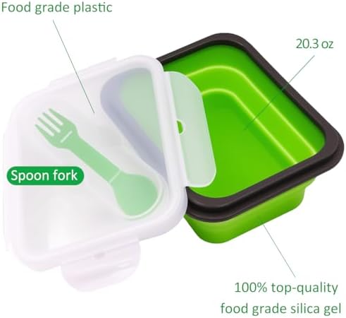 2 Pack Collapsible Silicone Bento Lunch Boxes With Lids Spoon Fork, 20.3oz, Meal Prep Food Storage Containers, Durable, Safe in Microwave, Dishwasher and Freezer, BPA Free (Green and Yellow) - Image 2