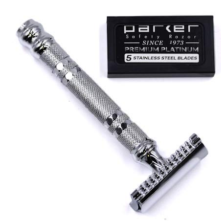 Parker Open Comb Double Edge Safety Razor – Heavyweight Chrome Handle for Closer Shaves – Includes 5 Razor Blades – Ideal for Men with Thick or Coarse Beards (24C-Chrome)