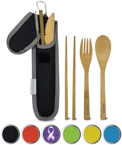 Travel Utensils with Case Set Fork, Knife, Spoon, Chopsticks, Straw, Straw-cleaning brush, Travel Pouch and Carabiner, Excellent For Everyday Use! ((1Set) Midnight Black) by Bamboo+Essentials%C2%AE