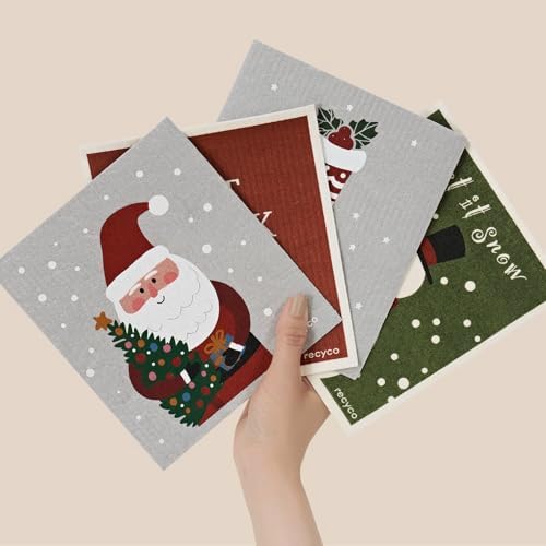 RECYCO 4 Pack Christmas Swedish Dishcloths for Kitchen | Classic Red Washable Dish Towels | Cellulose Reusable Cleaning Paper Towels | Absorbent Counter Dish Cloth Sponge Kitchen Wipes, 7" x 8" - Image 7
