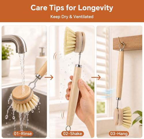 DEBETOOL Bamboo Dish Brush with Handle & 4 Replacement Heads - Image 7