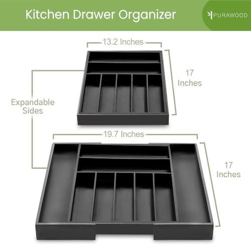 Purawood Bamboo Drawer Organizer - Expandable Silverware Organizer & Utensil Organizer, Cutlery Tray with Dividers, 7-9 Slots - Premium Kitchen Drawer Organizer for Utensils & Flatware (Black) - Image 2