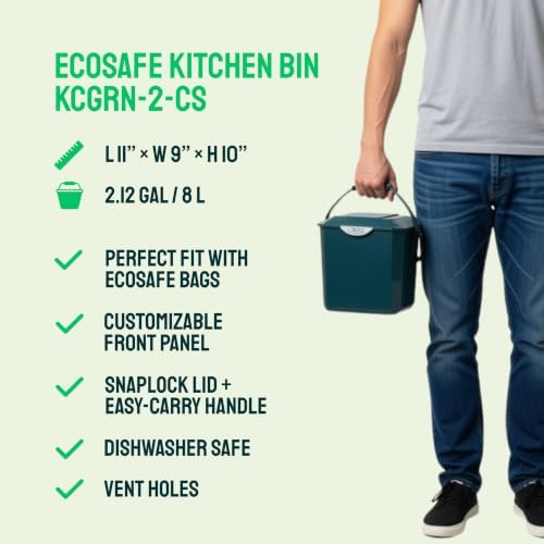 EcoSafe KCGRN Kitchen Caddy Food Waste Bin, Plastic, 2.5 Gallon, Green - Image 4