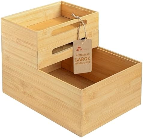 HOMESTEAD 3-Piece Stackable Bamboo Storage Box, Large Storage Bin, Wooden Boxes for Makeup Drawer Organizer Bathroom, Office Supplies, Kitchen Utensils, Bamboo Storage Containers by Homestead