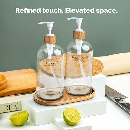 Vine Creations Clear Glass Soap Dispenser Set, Hand Soap and Dish Soap Dispenser Set with Bamboo Tray, 16 oz Glass Dispensers Bottle for Kitchen and Bathroom Decor Modern Boho with Bamboo Pump (Clear) - Image 6