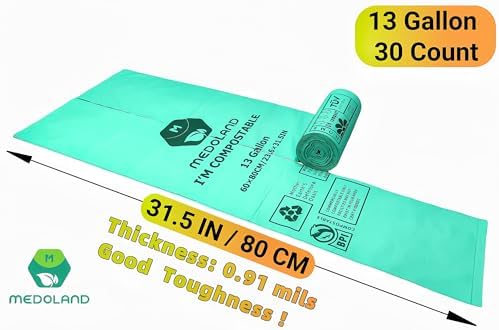 BPI Certified Compostable Trash Bags 13Gallon (30 Count) - 3X Thicker Than Regular, Leak & Tear Resistant for Kitchen/Garden/Food Waste, 90-Day Breakdown in Home/Industrial Use, 0.91mils Plant-Based - Image 2