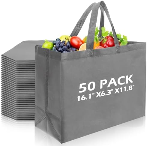 50 Pcs Reusable Tote Bag with Handles Bulk 16.1'' X 6.3'' X 11.8'' Extra Large Non Woven Grocery Shopping Bags for Boutiques Retail Store (Gray) by Yoojahow