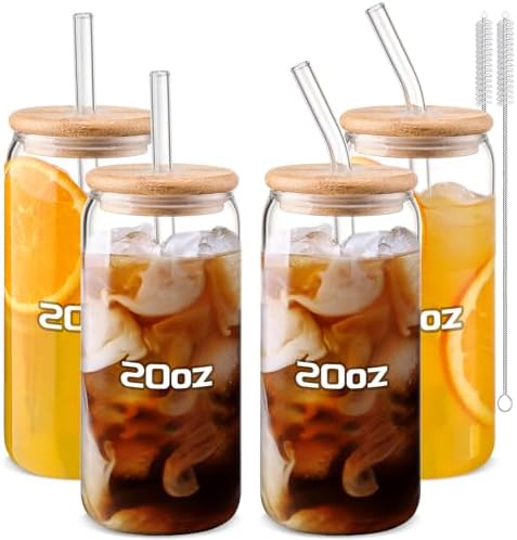 DWTS DANWEITESI Glass Cups “20oz”,Glass Cups with Lids and Straws 4 pcs-Coffee Cups,Drinking Glasses Set,Glass Tumbler with Straw and Lid Gift 2 Cleaning Brushes 600ml by DWTSDANWEITESI