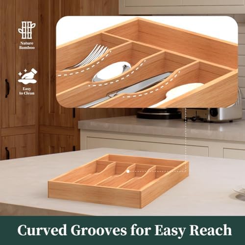 Bamboo Silverware Organizer, Kitchen Drawer Organizer, Utensil Holder, Cutlery Tray & Spoon Flatware Storage with Grooved Drawer Dividers (9.5''W x 13.5''D) - Image 4