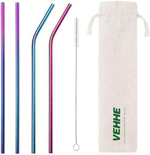VEHHE Rainbow Metal Straws, Stainless Steel Reusable Straws Set with Brush by VEHHE