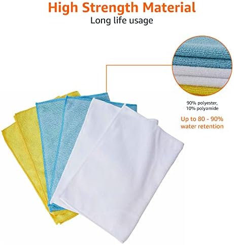 Amazon Basics Microfiber Cleaning Cloths for Cars, Non-Abrasive, Highly Absorbent, Lint and Scratch-Free, Reusable and Washable, Car Detailing Towels, 16" x 12", Blue/White/Yellow, 144-Pack - Image 4