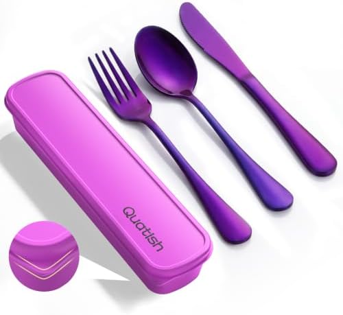 Quatish Travel Utensils with Case, Stainless Steel Cutlery Set, Violet by Quatish