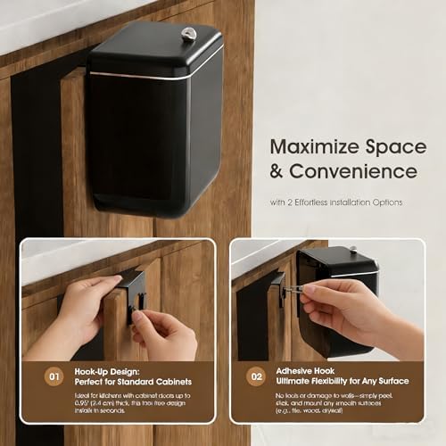 Large 3.2 Gallon Compost Bin, Under Sink Trash Can with Lid, Hanging Waste Cabinet for Office Kitchen Cupboard Bathroom Bedroom, Both Black - Image 3