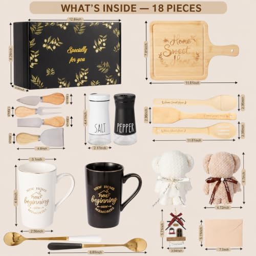Housewarming Gifts for New Home, 18-Piece Gift Basket for Couples and Homeowners with Coffee Mugs, Bamboo Serving Board, Salt and Pepper Shakers, Towels, Utensils, Cheese Knives and Ornament - Image 3