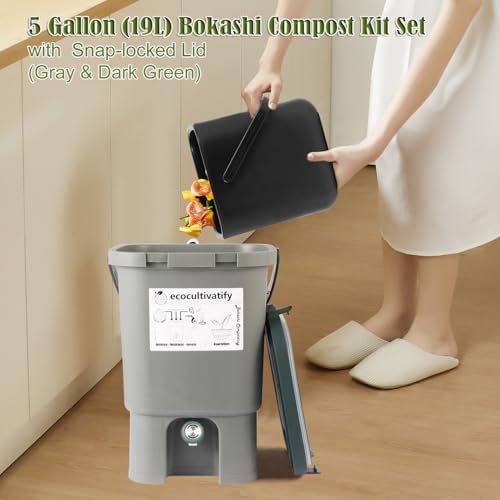20L Bokashi Compost Bin, 5.28 Gallon Compost Bin for Kitchen Composter with Lid, Bokashi Start Kit with Bran (Tan & Dark Green) (18.8L/5 Gal Grey) - Image 4