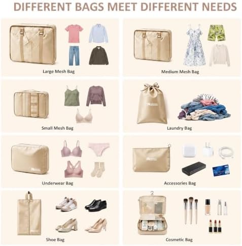 8 Set Packing Cubes for Travel Essentials With Hanging Toiletry Bag for Women, Lightweight Suitcase Organizer Bags with Mackup bag, Carry-On Luggage Accessories (Beige) - Image 4