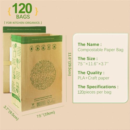 HYTREND-Kitchen Food Waste Bag-120 Bags-%100 Compostable paper Bag - Leak Resistant - Small-Certified by BNQ and BPI,CMA-I,CMA-W - Image 2