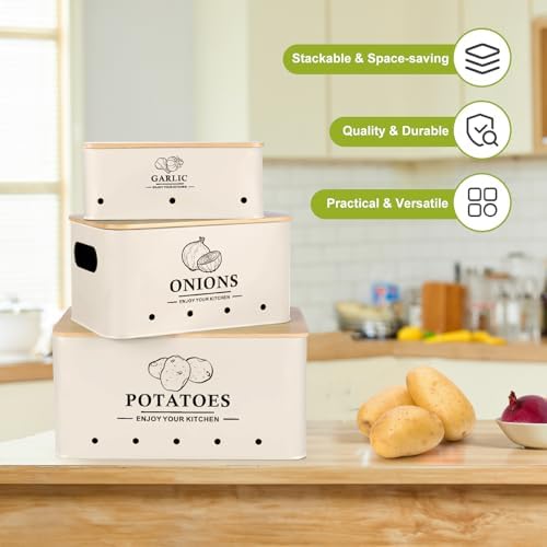 Kitchen Vegetable Storage Set of 3, Metal Onion Garlic Potato Storage Set, Kitchen Canisters Vegetable Keeper Containers with Aerating Holes and Bamboo Lid，Beige - Image 5