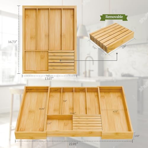Bamboo Kitchen Silverware Drawer Organizer - Expandable Wood Utensil Holder with Dividers, Luxury Cutlery Storage Tray for Kitchen Utensil and Flatware (5-7 Slots with Removable Knife Block, Natural) - Image 6