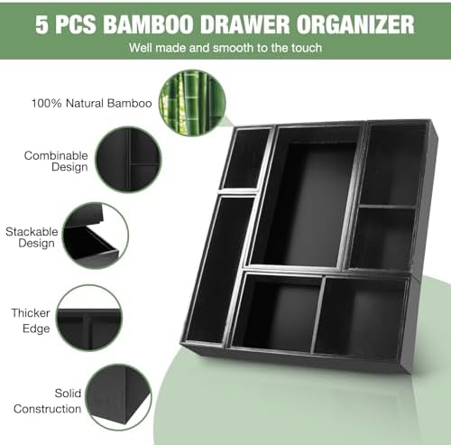 Bamboo Drawer Organizer,5 PCS Black Silverware Tray&Desk Organizers and Storage,Cabinet Divider With Removable Bathroom Organization for Kitchen,Utensils,Junk,Office,Makeup - Image 3