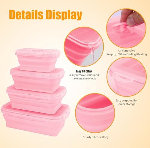 4 Collapsible Silicone Food Storage Containers, Square, Pink - Image 3