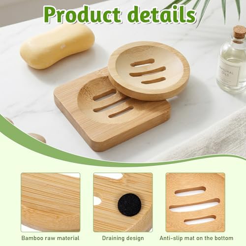 2 Pcs Bamboo Soap Dish Holders, Shower Steamer Holder, Round Natural Wooden Soap Trays, Rustic Bathroom Accessories for Kitchen Bathroom Accessories(Round and Square) - Image 3