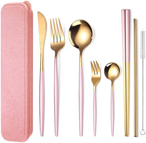 AARAINBOW 8 Pieces Stainless Steel Flatware Set Portable Reusable Cutlery Set Travel Utensils Set Including Chopsticks Knife Fork Spoon Straws Cleaning Brush Dishwasher Safe (Pink Golden) by AARAINBOW