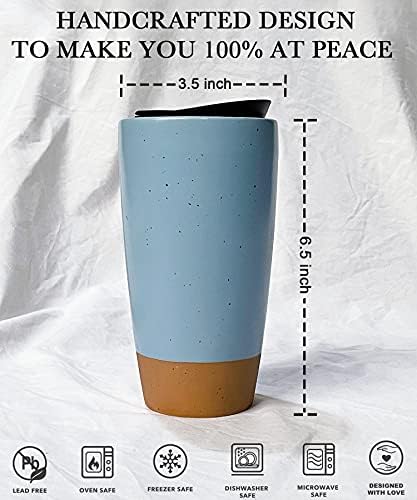 Mora Double Wall Ceramic Coffee Travel Mug with Lid, 14 oz, Portable, Microwave, Dishwasher Safe, Insulated Reusable Tall Cup, Splash Resistant Lid - To Go Tumbler for Car Cup Holder, Dusty Blue - Image 2