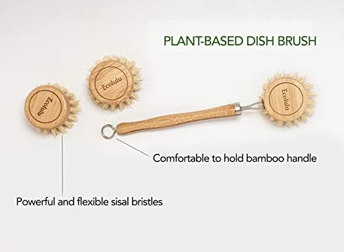 ECOLULU Natural Bamboo Dish Brush & Wood Bottle Brush for Wide Mouth Bottles, Cups and Jars, 2 Replacement Heads included (4 units total) Biodegradable, Eco Friendly Products - Image 2