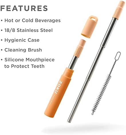 Zoku Reusable Metal Straw with Case, Collapsible Travel Straw - Orange - Image 2