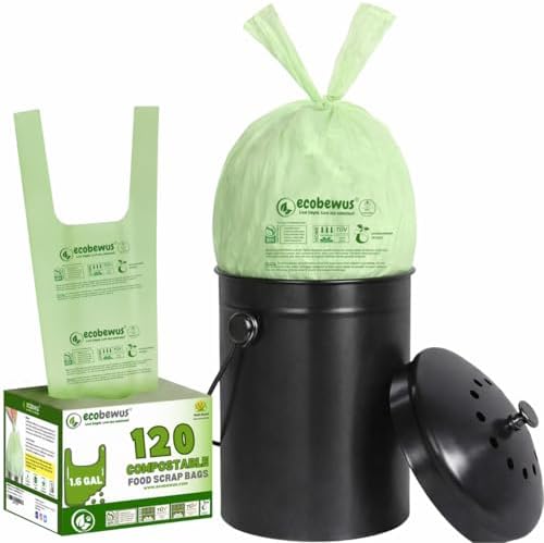 1.6 Gallon Certified Compostable Food Scrap Bags, Handle Tie (120 Bags), Small Kitchen Compostable Trash Bags, BPI Certified, TÜV OK Compost HOME Certified, Meets ASTM D6400 (120 ct.) by ecobewus