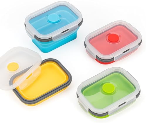 Collapsible Food Storage Containers with Airtight Lid, 11.8 oz, Small Kitchen Stacking Silicone Collapsible Meal Prep Container Set for Leftover, Microwave Freezer Dishwasher Safe, 4 Colors, Set of 4 by Annaklin