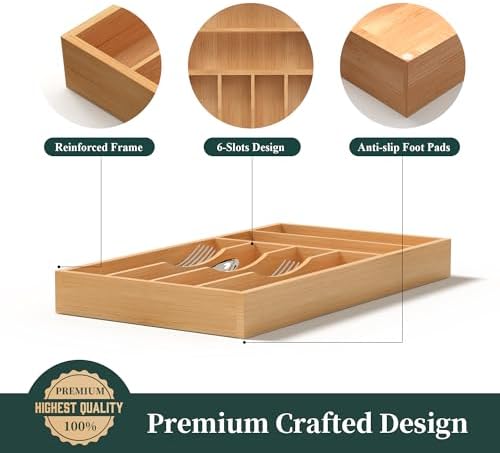 Silverware Organizer, Bamboo Kitchen Drawer Organizer, Utensil Holder, Cutlery Tray & Spoon Flatware Storage with Grooved Drawer Dividers (8.5''W x 15.5''D) - Image 6