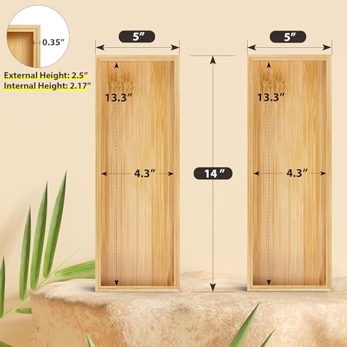 Kitchen Drawer Organizer Bins, Stackable Bamboo Deep Drawer Organizer for Silverware, Utensils, Cutlery, Flatware, Junk Drawer, Dresser, Bathroom, 14" x 5" x 2.5" (Set of 2) - Image 2