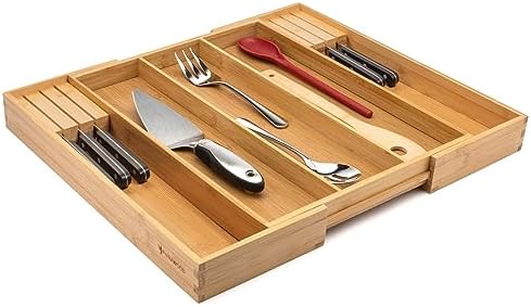 Purawood Kitchen Drawer Organizer with Knife Blocks - Utensil Drawer Organizer for Kitchen, Cutlery Tray & Silverware Organizer, 3-5 Slots - Bamboo Organizer for Utensils & Flatware (Natural) - Image 5