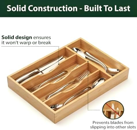 Bamboo Drawer Organizer for Kitchen Drawers, 5-Compartment Flatware & Cutlery Tray, Natural Bamboo Kitchen Utensil Silverware Organizer, Drawer Storage Organizer, 13.8 x 9.9 x 2.0 Inches - Image 3