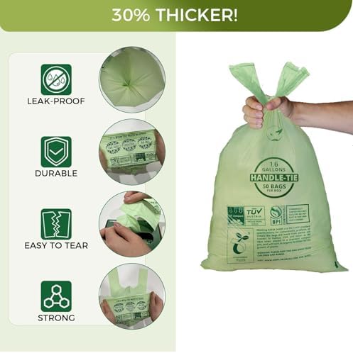1.6 Gallon Compostable Trash Bags Drawstring, Heavy Duty Extra Thick 0.6 Mil, 6.06 Liter, 50 Bags, Small Kitchen Food Scrap Waste Bag, Unscented Pet Waste Bags, US BPI and OK Compost Home Certified - Image 5
