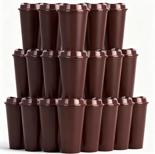20 Pack Reusable Coffee Cups with Lids 16 oz Plastic Tumblers Travel Mug Iced Coffee Cup for Adults and Women Hot and Cold Drinks, Microwaveable (Coffee) by Alohastarttg