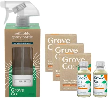 Grove Co. Surface Care Bundle - Floor Cleaner Concentrate Refills (6-Pack, 1 oz Each), Orange & Rosemary Scent, with Reusable Glass Spray Bottle (White Silicone Sleeve) by GroveCo