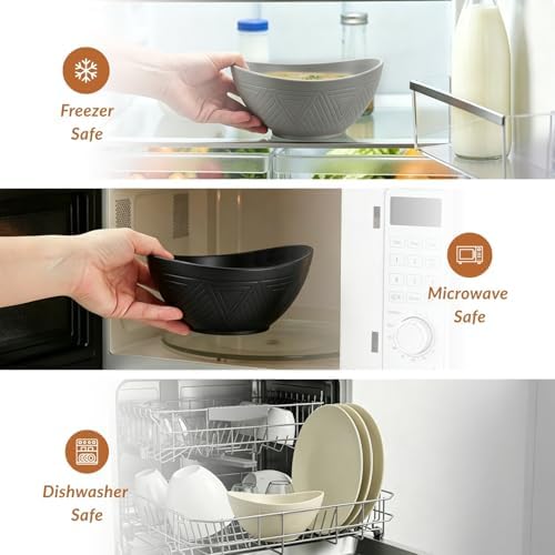 Homienly Wheat Straw Bowls 26 OZ Serving Bowls Oval Serving Dishes for Salad, Dinner, Cereal, Snack, Prep, Dessert Bowls Set Unbreakable Camping Bowls Microwave & Dishwasher Safe (6 PCS Grey Stone) - Image 6