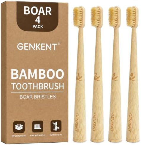 GENKENT Boar Bristle Bamboo Toothbrushes, 4 Pack, Natural Bristle Toothbrush Set by GENKENT